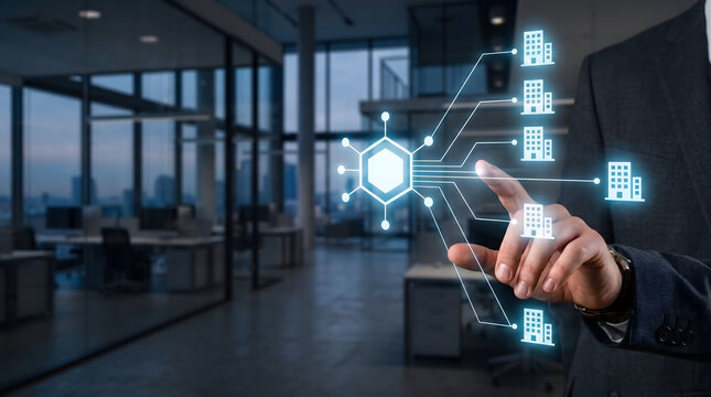 Business manager controlling a virtual company network dashboard across multiple office locations