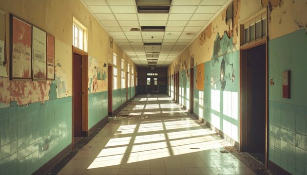 Creepy Abandoned School Hallway with Peeling Walls and Sunlit Floor