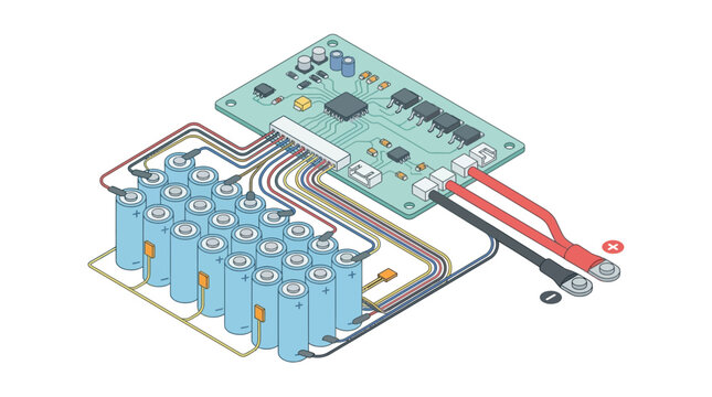 Isometric illustration of a battery management system with multiple cells and circuit board