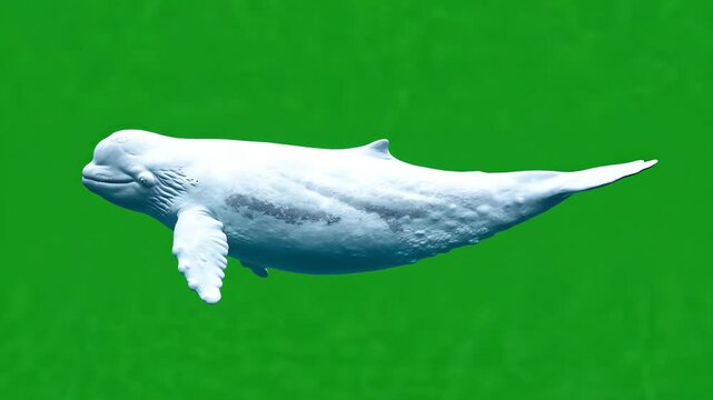 Beluga whale swimming gracefully across a bright green screen background with smooth tail movements and realistic lighting
