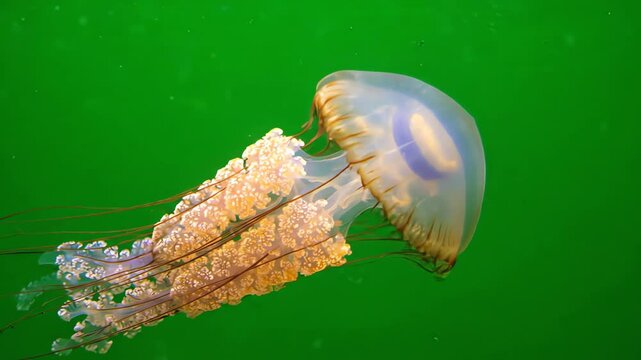 Bioluminescent glowing jellyfish pulsing and swimming gracefully across a solid chroma key green screen background for visual effects