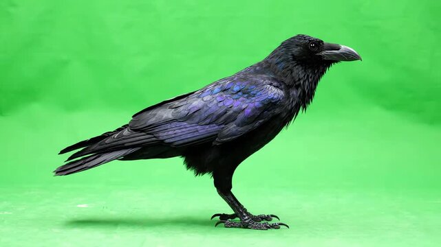 Black raven bird walking across green screen background with realistic movement and feather details