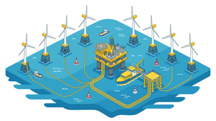 Naklejka premium Isometric offshore wind farm with oil rig and support vessels in blue water