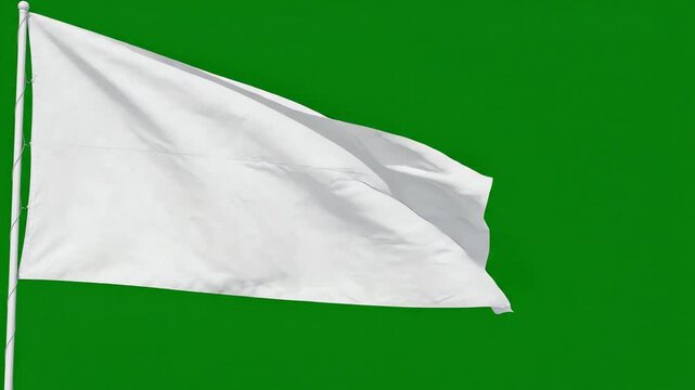 Blank fabric rectangular flag waving in the wind against a solid green screen chroma key background