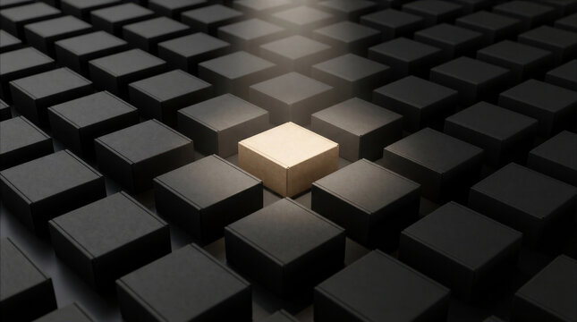 Unique brown cardboard box standing out from a grid of identical black boxes with spotlight, concept of individuality and premium branding