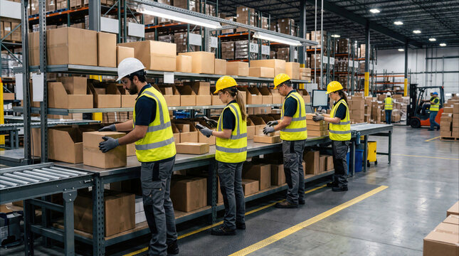 Warehouse workers in safety vests and hard hats sorting cardboard boxes on packing line in large distribution center