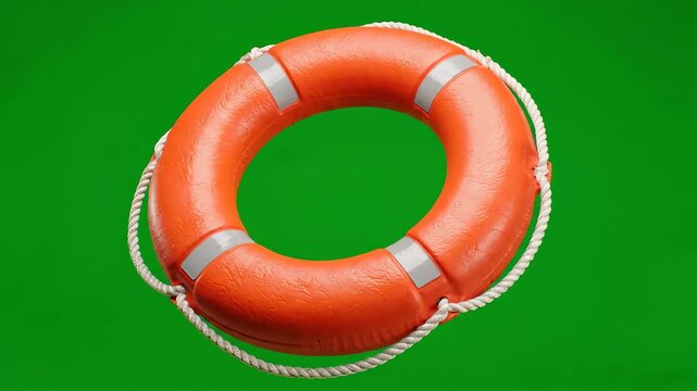 Bright orange life buoy ring slowly rotating and floating against a solid chroma key green screen background for easy compositing