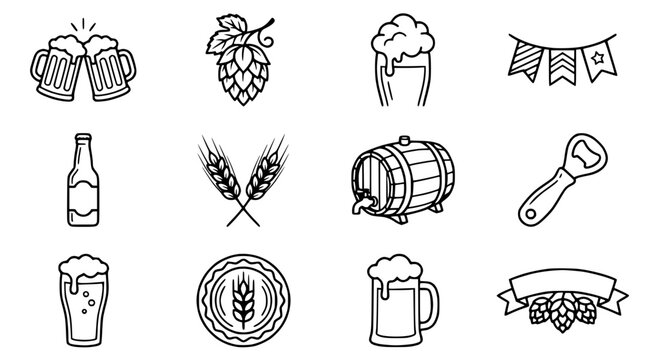 Beer Icons Set: Mugs, Hops, Barrel, Wheat, Bottle, Opener, Garland
