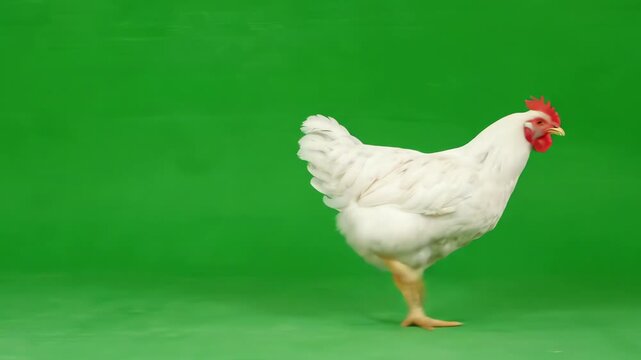 Brown domestic chicken running fast across a bright green screen background for video compositing and visual effects