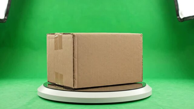 Brown cardboard shipping box rotating slowly on a turntable against a solid green screen background for easy chroma key compositing