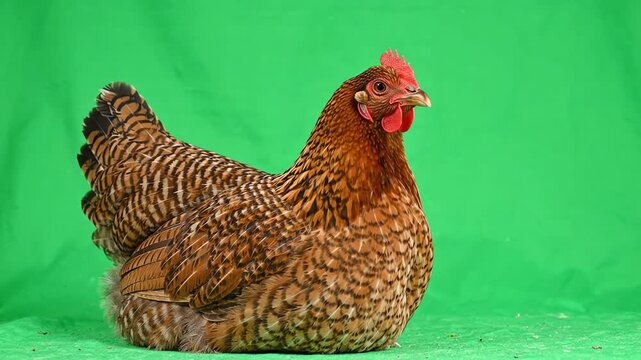 Brown hen sitting quietly and turning its head on a bright chroma key green screen background for video compositing