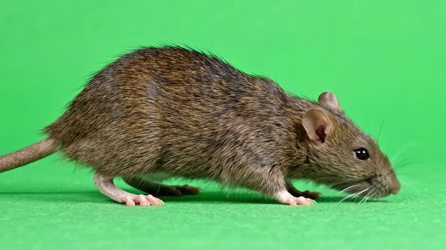 Brown rat walking across a bright green screen background while sniffing the air and twitching its nose and whiskers