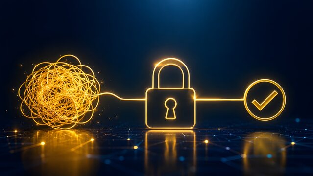 Tangled wire passing through a glowing lock to become a smooth line. Concept of cybersecurity problem solving, data encryption, and IT compliance.