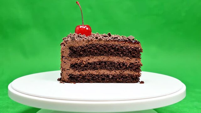 Cake slice on green screen rotating slowly on a spinning platform for chroma key compositing