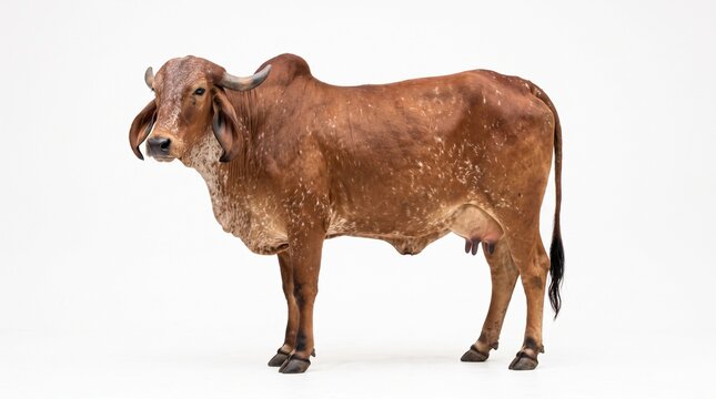 Brown Gir cow standing in a studio against a white background