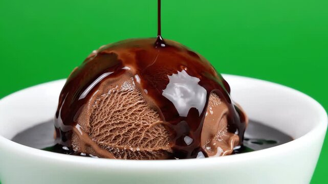 Chocolate ice cream scoop melting on a green screen as thick dark cocoa syrup drips slowly over the smooth frozen dairy dessert surface