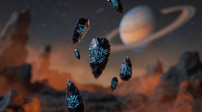 Floating Ancient Obsidian Stones with Glowing Blue Runes on Alien Planet Surface with Ringed Planet Background