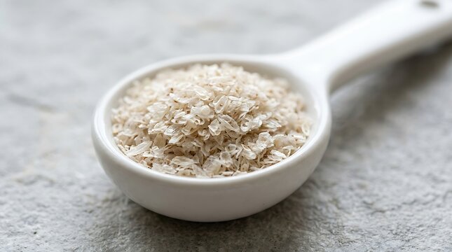 Psyllium husk in a white ceramic spoon on a textured grey stone surface