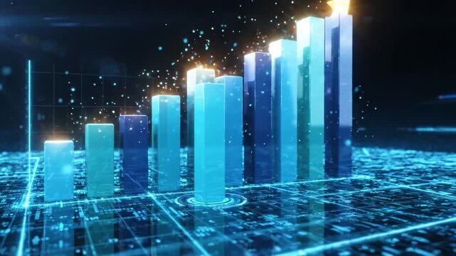 Cinematic 3D bar chart blocks rising and falling on a digital grid surface symbolizing growth and data analytics for business success
