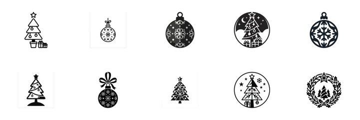 Fototapeta premium Christmas Icons Set: Trees, Ornaments, Wreath - Black and White Graphics