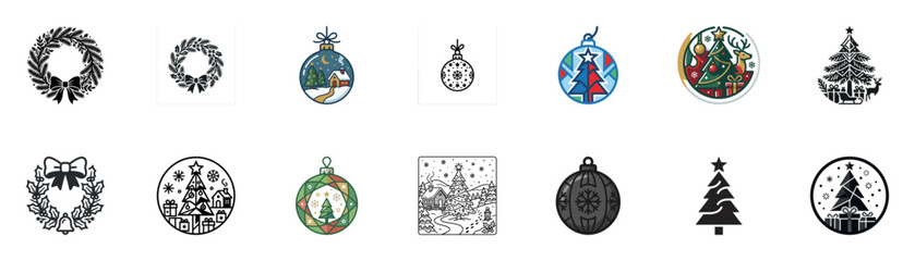 Naklejka premium Christmas Icons Set: Wreaths, Ornaments, Trees - Festive Vector Graphics