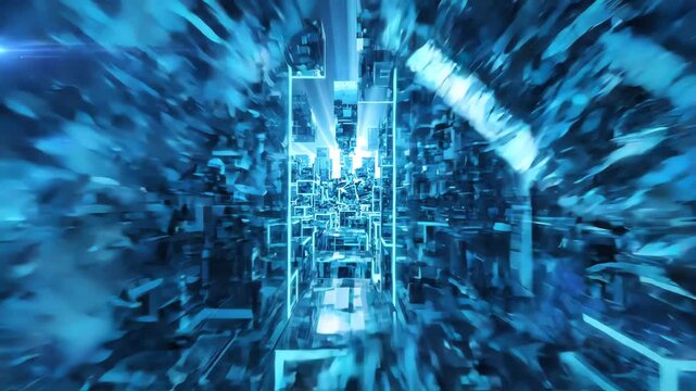 Cinematic camera movement through a complex futuristic landscape of shifting glass blocks representing digital transformation hurdles