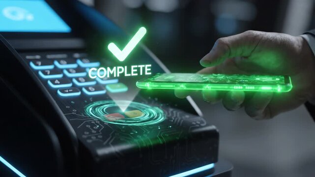 Cinematic close up of a glowing smart device making a secure wireless contactless payment on a futuristic dark terminal platform