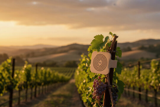 Sunset vineyard landscape grape vine wine grape countryside farm rolling hill field golden hour light summer agriculture nature outdoor scene scenic horizon glow Biodegradable electronics concept