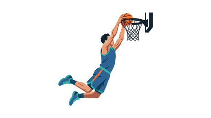 Basketball player performing a slam dunk in mid-air over a white background. © zada