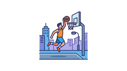 Basketball player performing a slam dunk on an outdoor court. © zada
