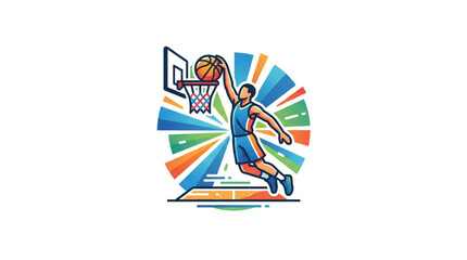 Basketball player performing a slam dunk with a colorful abstract background. © zada