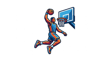 Basketball player performing a slam dunk with a dynamic pose. © zada