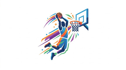 Basketball player performing a slam dunk with colorful abstract motion lines. © zada