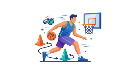 Basketball player practicing dribbling drills around cones on court. © zada