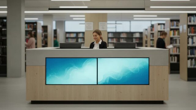 Compact layout library help counter featuring neutral tones and digital display screens focused on the central area with patrons and shelves blurred.