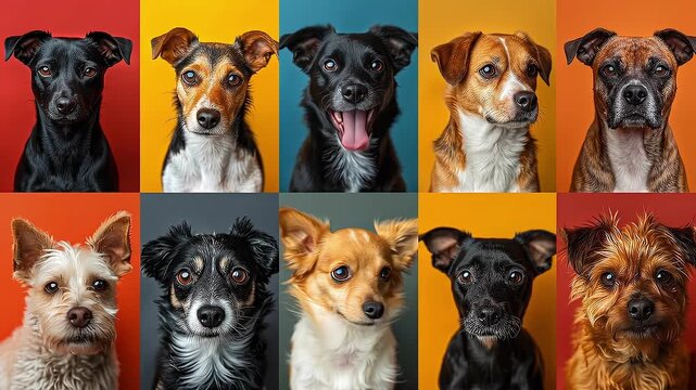 Grid of colorful dog headshot portraits