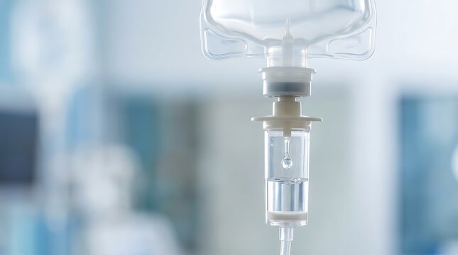 Intravenous drip bag delivering saline solution in a bright sterile hospital room setting