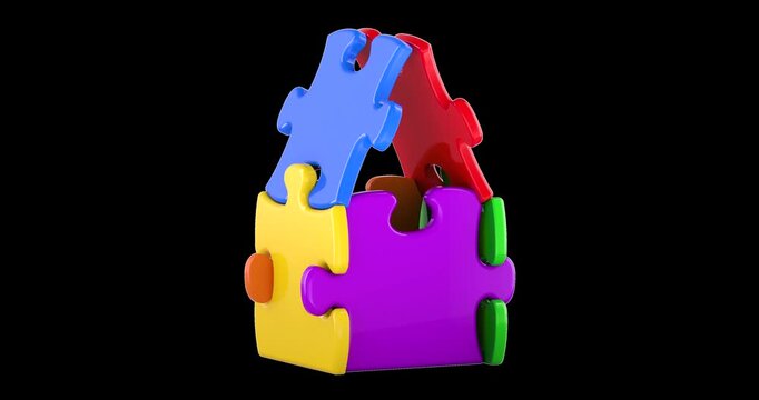 House from colored puzzle pieces rotation animation seamlessly loopable. 3D rendering isolated on transparent background