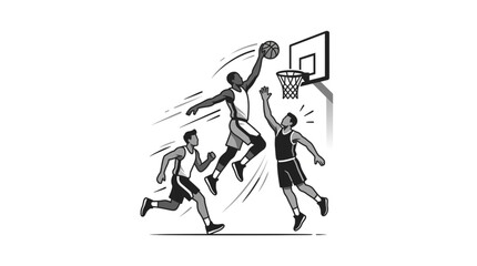 Basketball players competing for a slam dunk during a game. © zada