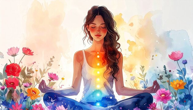 Woman meditating in a field of flowers with glowing chakra points