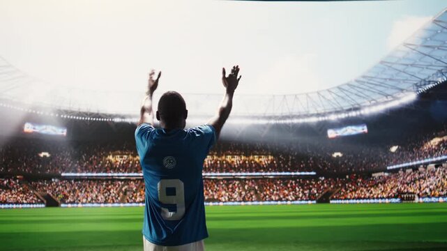 Black soccer player in blue uniform holding hand on jersey team badge on pitch, determined footballer showing team spirit and saluting fans before game, sports moment under stadium light.
