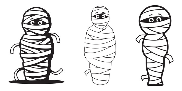 Three cute mummy characters set for halloween celebration in black and white line art Vector