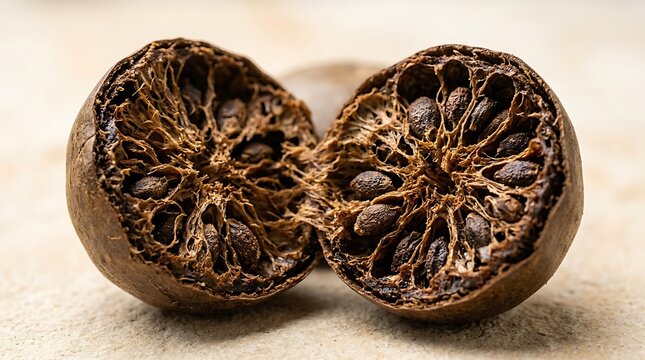 Dried luo han guo fruit halves showing fibrous interior with focus intricate fibrous