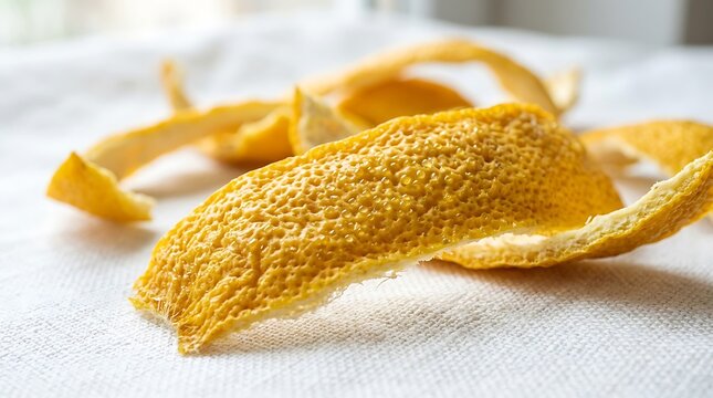Fresh yellow lemon peel pieces resting on a textured white fabric surface