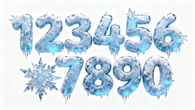 Ice 3D numerals 0 to 9, transparent icy digits with snow and icicles, glowing blue winter creative font on plain white background