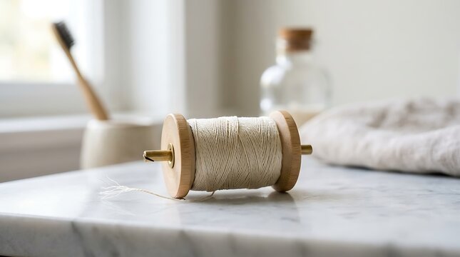 Dental floss spool on marble countertop with natural bathroom accessories for sustainable dental care