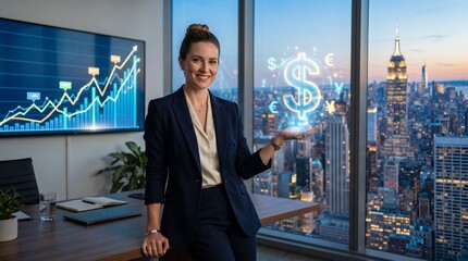 Fototapeta premium Confident businesswoman displays glowing currency symbols with financial graph and city skyline background