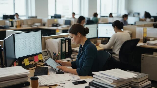 University research office employee focused on sorting academic journal data surrounded by blurred colleagues and paperwork in a busy environment.