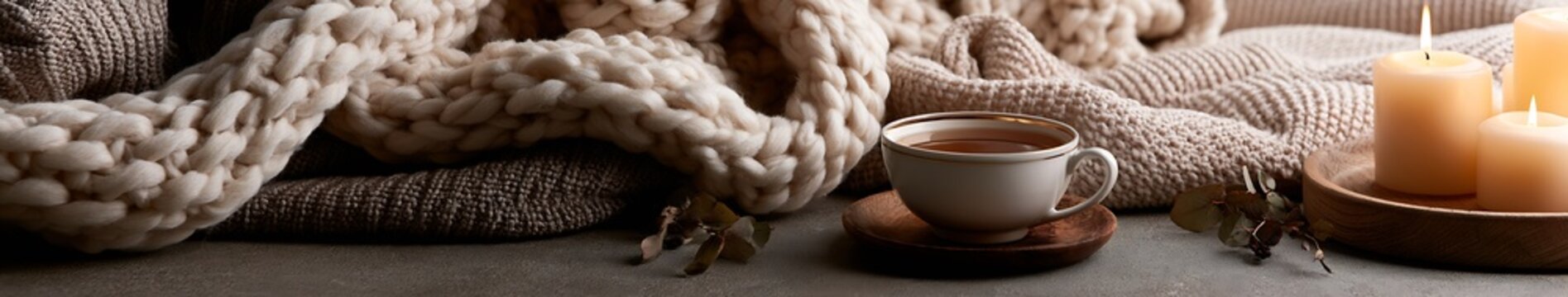 Neutral cozy still life with chunky knit blankets, cup of tea on wooden coaster and lit candles