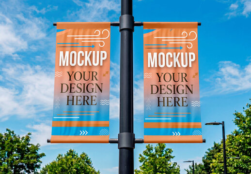 Flag Street Banners Outdoor Sky Mockup